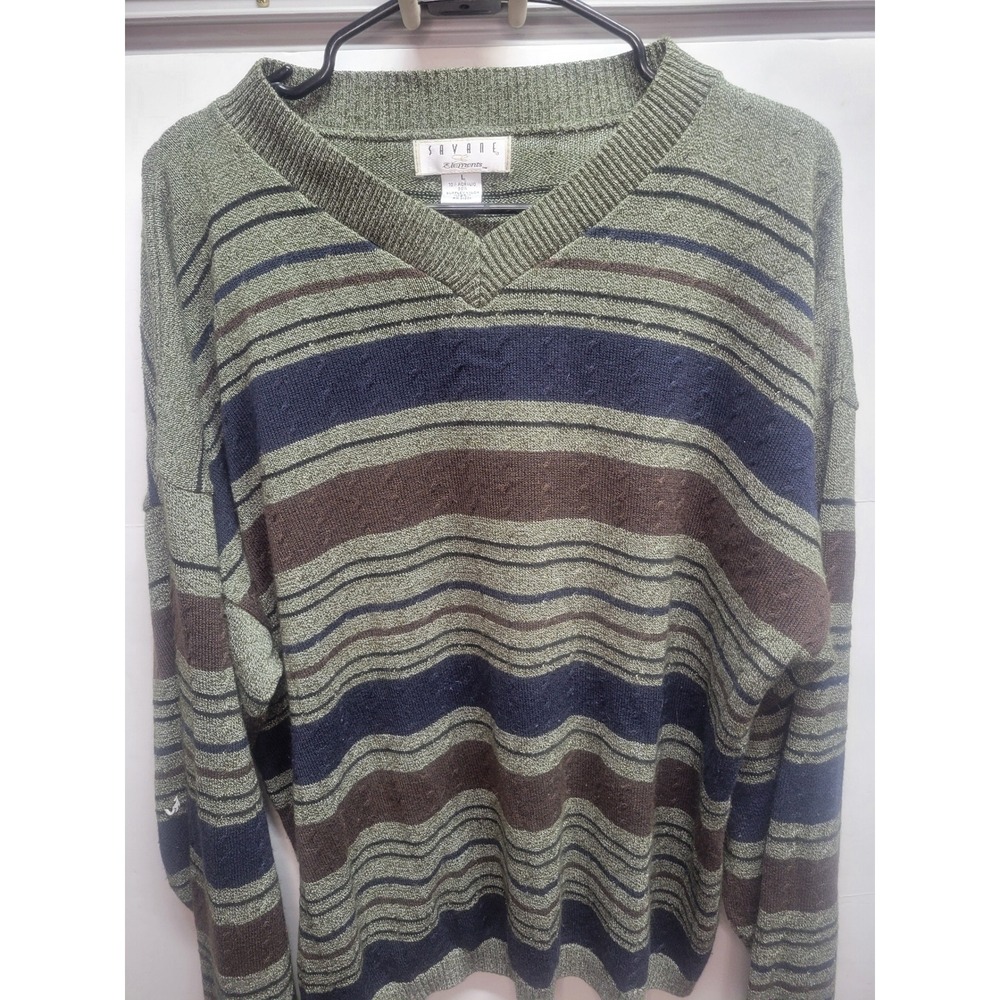 VtgSavane Elements Mens textured Striped V Neck Sweater Pullover sz‎ L